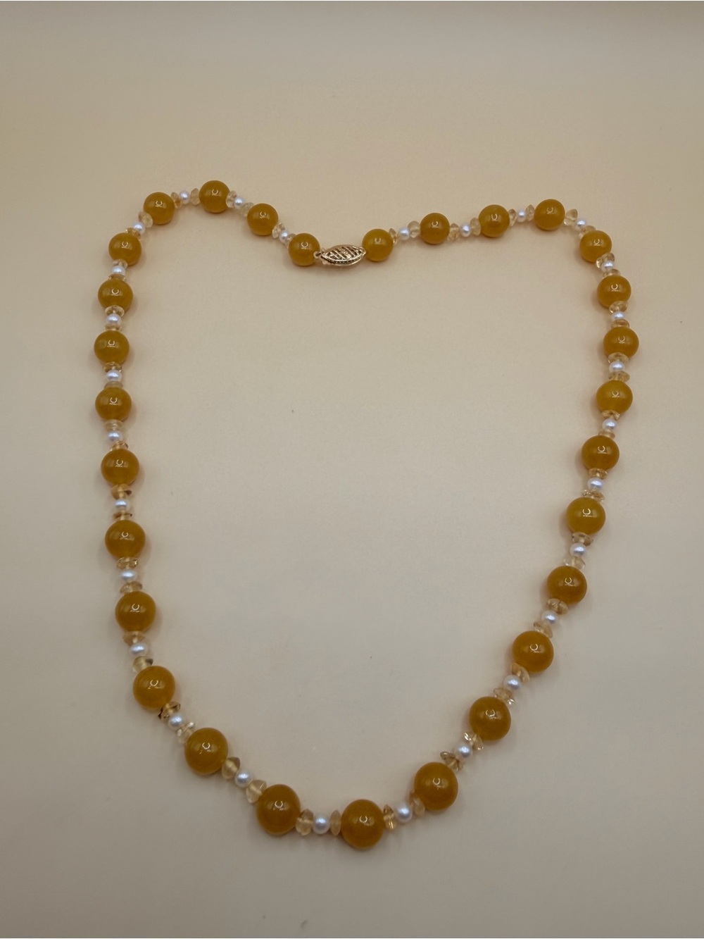 14k Yellow Gold Clasp Yellow Jade Pearl & Citrine Collar 18”.